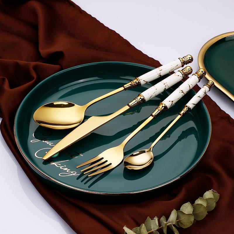 Hom & Ember – Elegant Stainless Steel Cutlery Set with Luxurious Golden Marble Handles for a Touch of Opulence - Hom & Ember