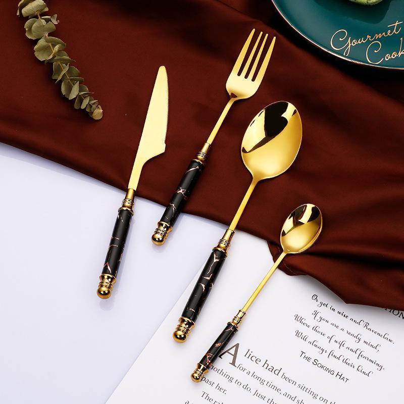Hom & Ember – Elegant Stainless Steel Cutlery Set with Luxurious Golden Marble Handles for a Touch of Opulence - Hom & Ember