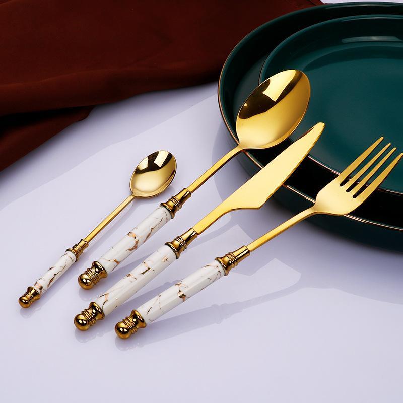 Hom & Ember – Elegant Stainless Steel Cutlery Set with Luxurious Golden Marble Handles for a Touch of Opulence - Hom & Ember