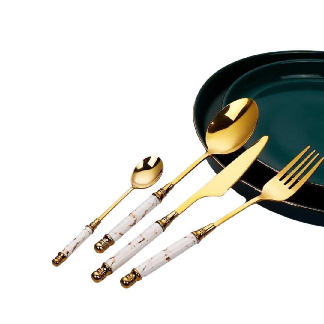 Hom & Ember – Elegant Stainless Steel Cutlery Set with Luxurious Golden Marble Handles for a Touch of Opulence - Hom & Ember
