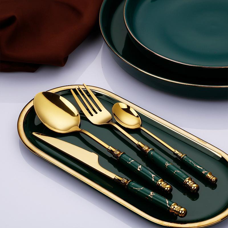 Hom & Ember – Elegant Stainless Steel Cutlery Set with Luxurious Golden Marble Handles for a Touch of Opulence - Hom & Ember