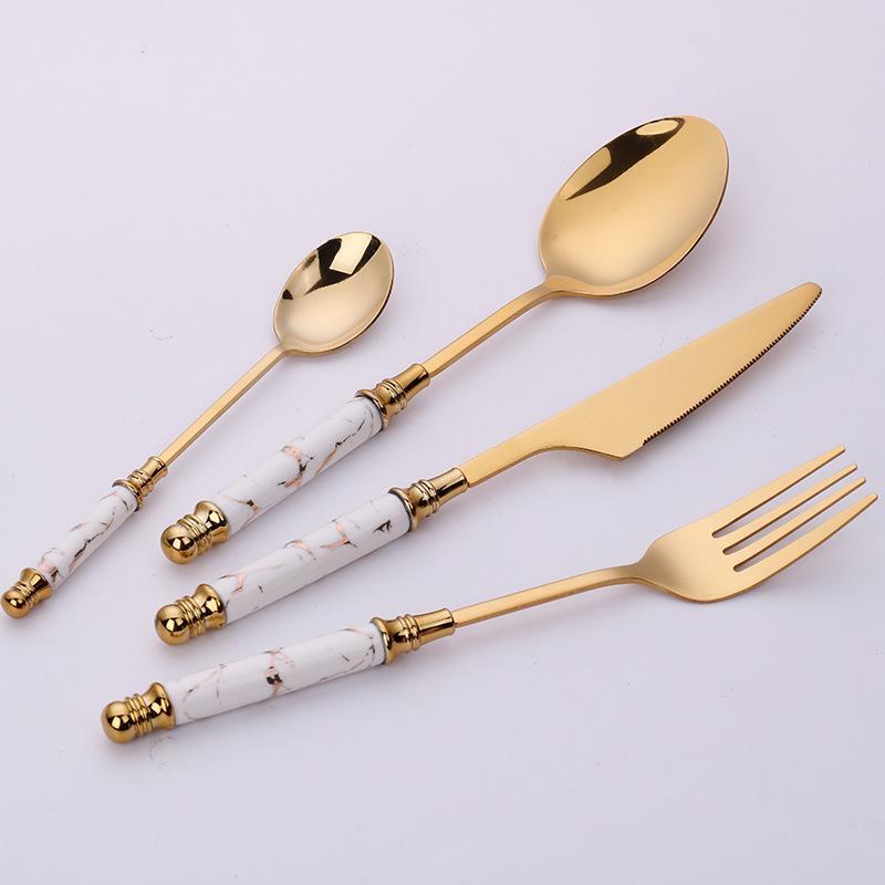 Hom & Ember – Elegant Stainless Steel Cutlery Set with Luxurious Golden Marble Handles for a Touch of Opulence - Hom & Ember