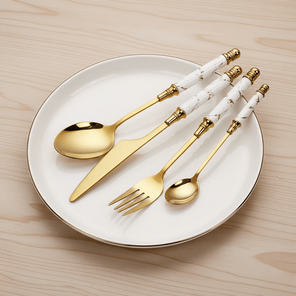 Hom & Ember – Elegant Stainless Steel Cutlery Set with Luxurious Golden Marble Handles for a Touch of Opulence - Hom & Ember