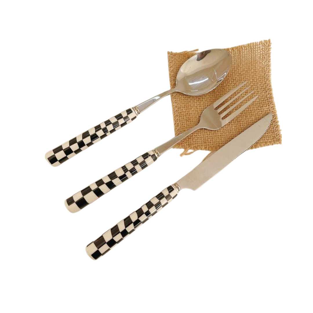 Hom & Ember – Elegant Stainless Steel Cutlery Set with Unique Chessboard Pattern for a Sophisticated Dining Experience - Hom & Ember