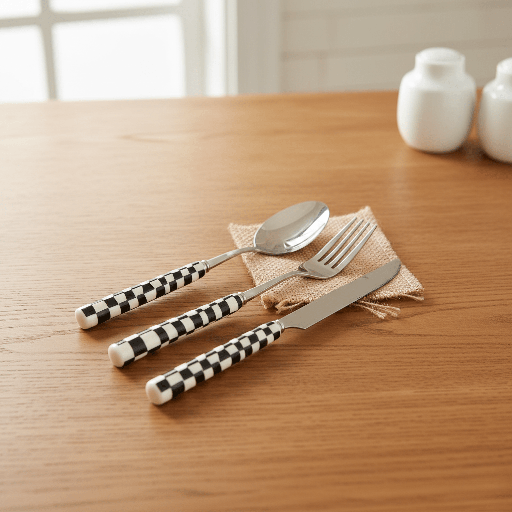 Hom & Ember – Elegant Stainless Steel Cutlery Set with Unique Chessboard Pattern for a Sophisticated Dining Experience - Hom & Ember