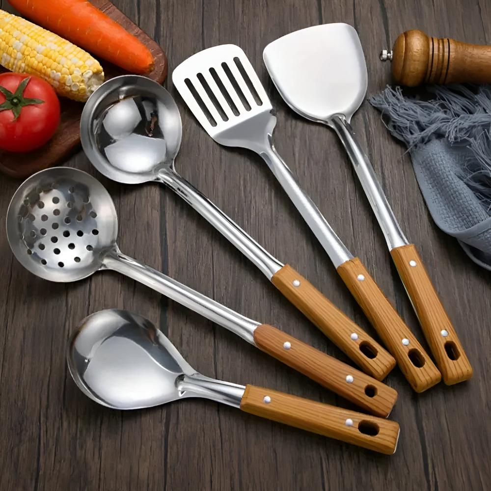Hom & Ember – Elegant Stainless Steel Utensil Set with Wooden Accents for a Timeless Culinary Experience - Hom & Ember