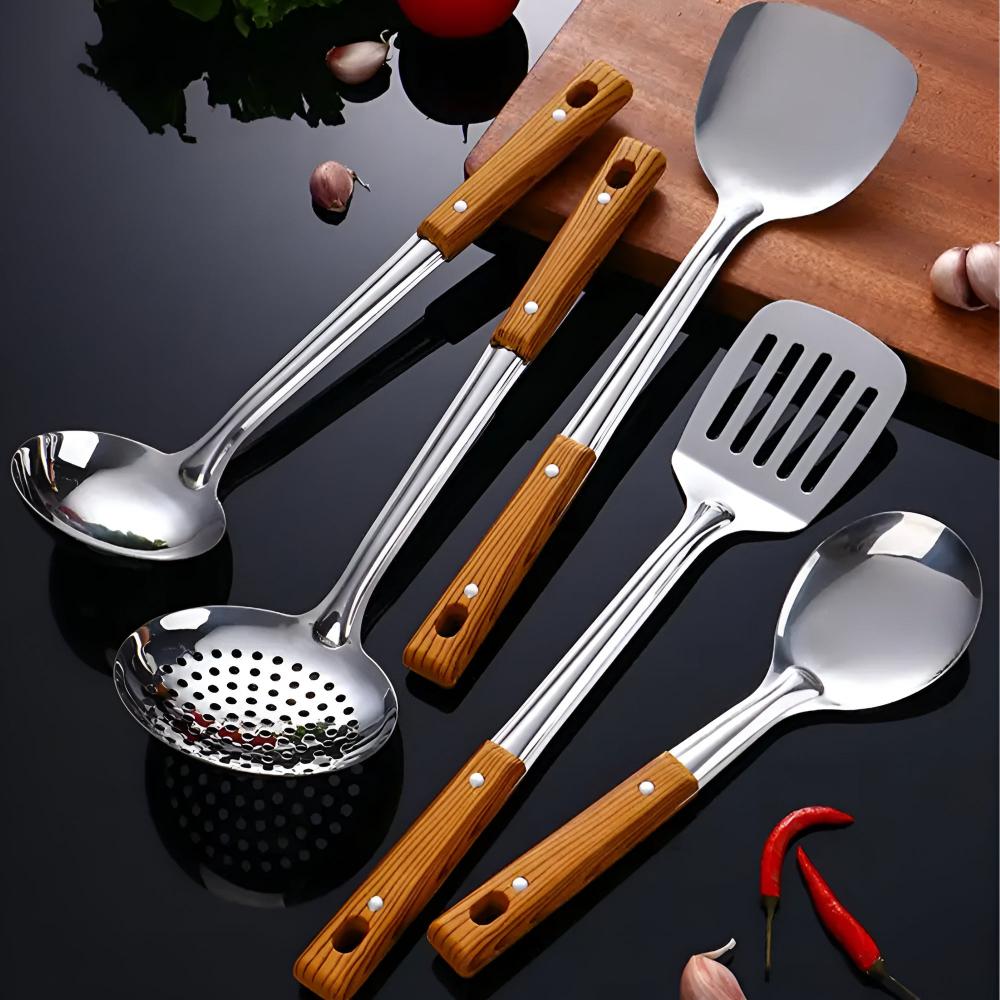 Hom & Ember – Elegant Stainless Steel Utensil Set with Wooden Accents for a Timeless Culinary Experience - Hom & Ember