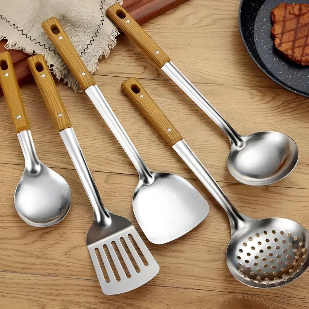 Hom & Ember – Elegant Stainless Steel Utensil Set with Wooden Accents for a Timeless Culinary Experience - Hom & Ember