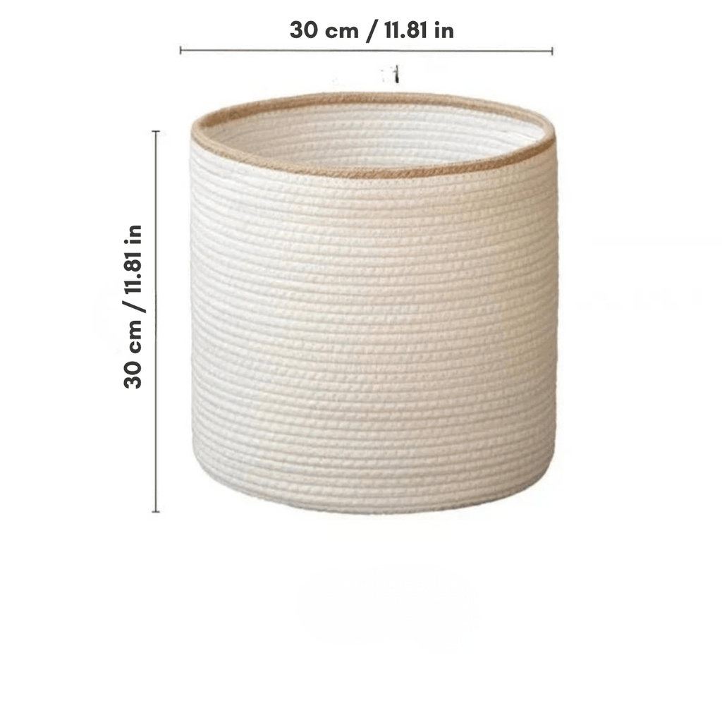Hom & Ember – Elegant White Cotton Rope Round Basket with Beige Trim for a Chic Touch - Hom & Ember