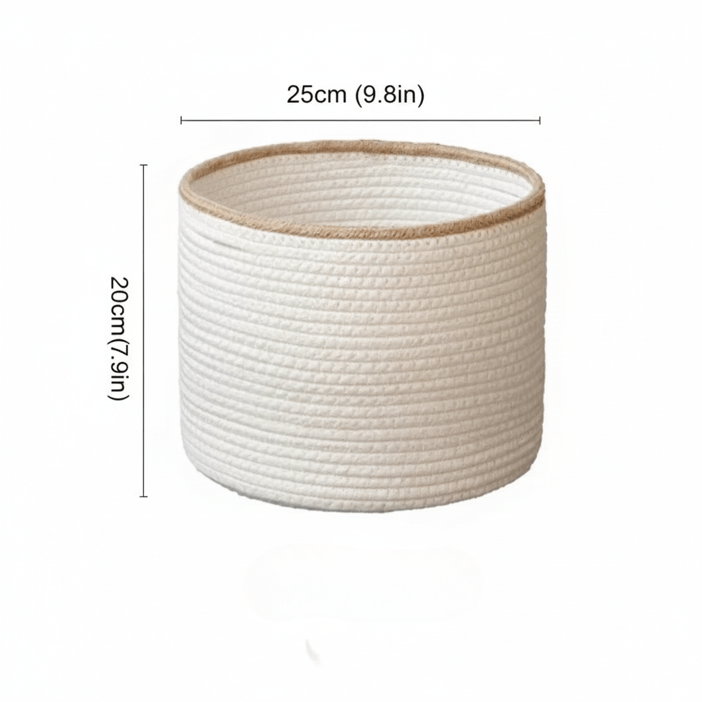 Hom & Ember – Elegant White Cotton Rope Round Basket with Beige Trim for a Chic Touch - Hom & Ember