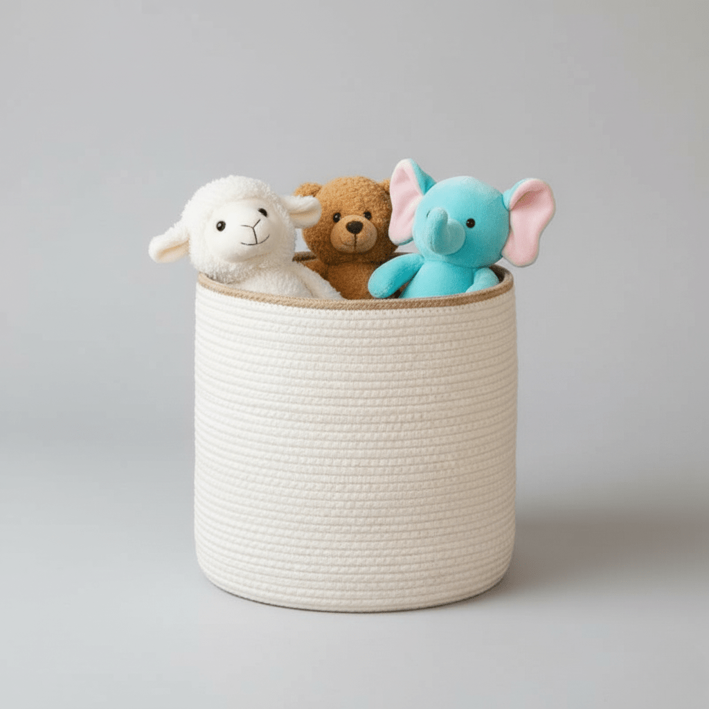 Hom & Ember – Elegant White Cotton Rope Round Basket with Beige Trim for a Chic Touch - Hom & Ember