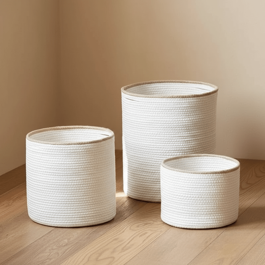 Hom & Ember – Elegant White Cotton Rope Round Basket with Beige Trim for a Chic Touch - Hom & Ember