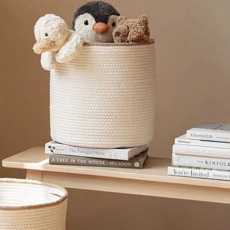 Hom & Ember – Elegant White Cotton Rope Round Basket with Beige Trim for a Chic Touch - Hom & Ember