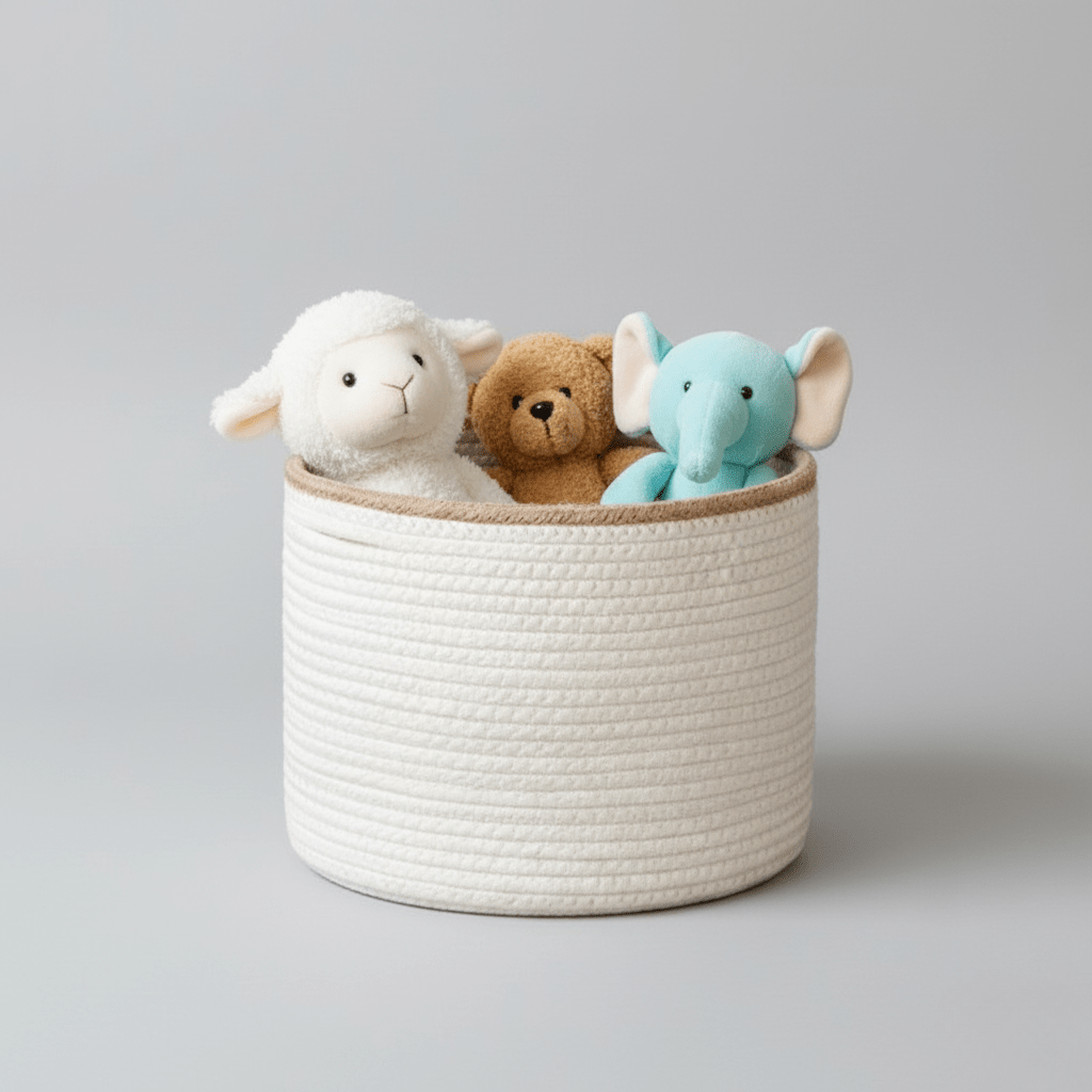 Hom & Ember – Elegant White Cotton Rope Round Basket with Beige Trim for a Chic Touch - Hom & Ember