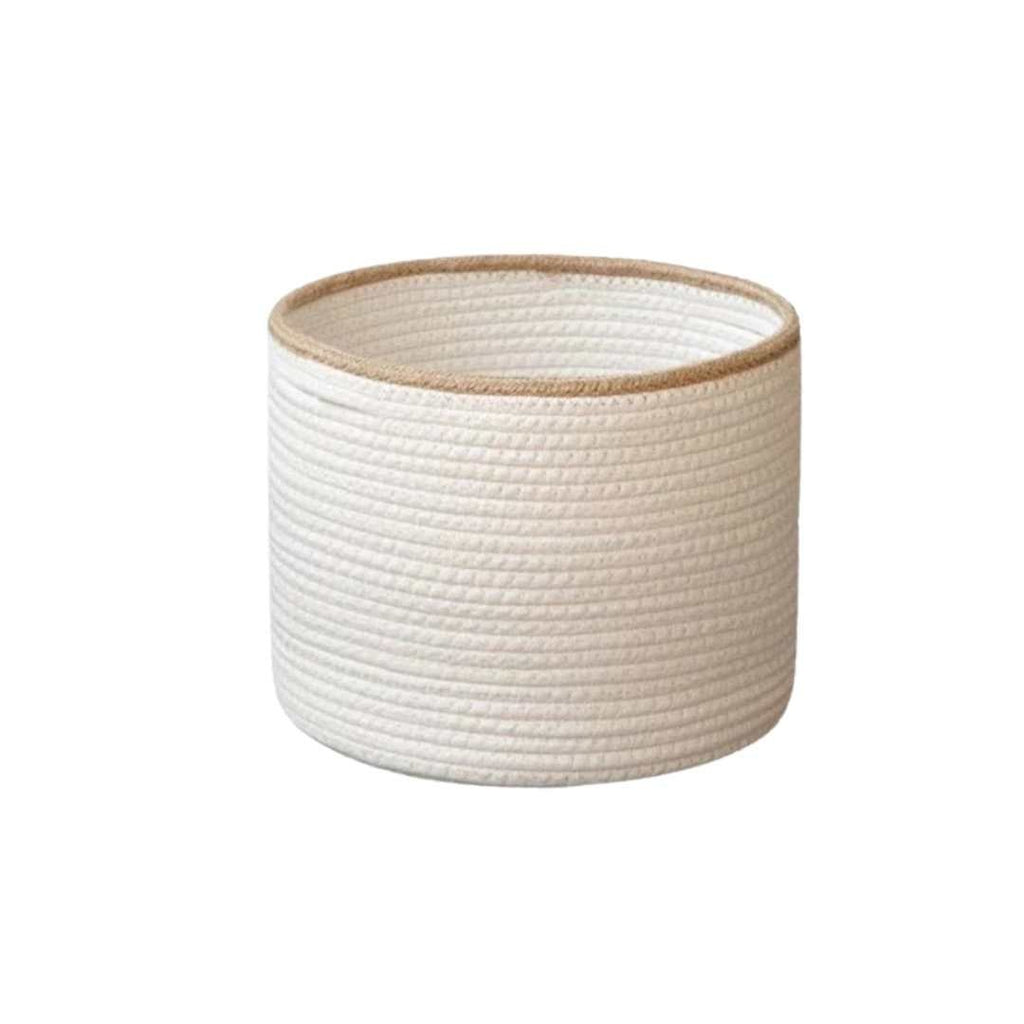 Hom & Ember – Elegant White Cotton Rope Round Basket with Beige Trim for a Chic Touch - Hom & Ember