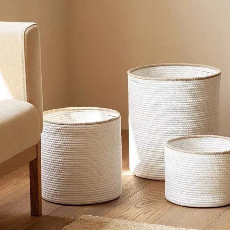 Hom & Ember – Elegant White Cotton Rope Round Basket with Beige Trim for a Chic Touch - Hom & Ember