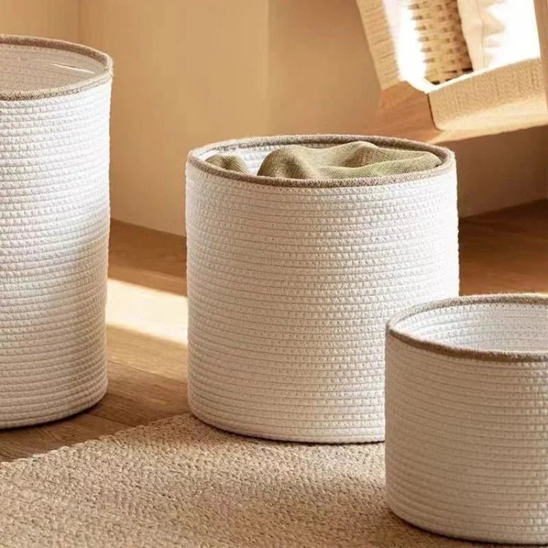 Hom & Ember – Elegant White Cotton Rope Round Basket with Beige Trim for a Chic Touch - Hom & Ember