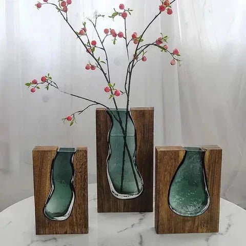 Hom & Ember – Elegant Wooden and Glass Vase for a Serene Living Space with Elegance - Hom & Ember