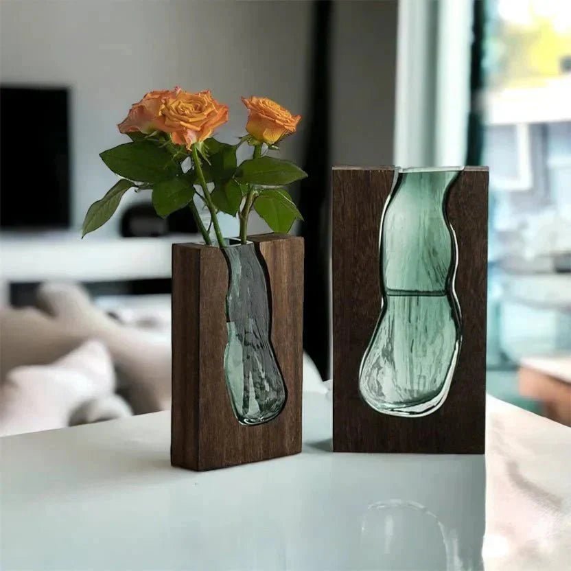 Hom & Ember – Elegant Wooden and Glass Vase for a Serene Living Space with Elegance - Hom & Ember