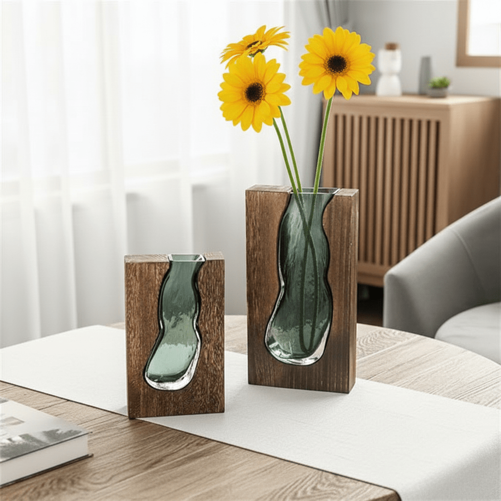Hom & Ember – Elegant Wooden and Glass Vase for a Serene Living Space with Elegance - Hom & Ember