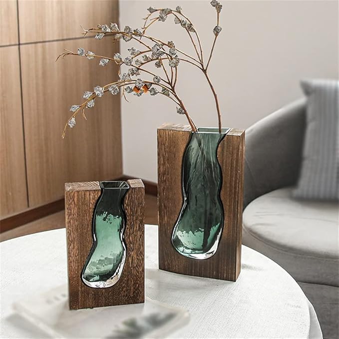 Hom & Ember – Elegant Wooden and Glass Vase for a Serene Living Space with Elegance - Hom & Ember