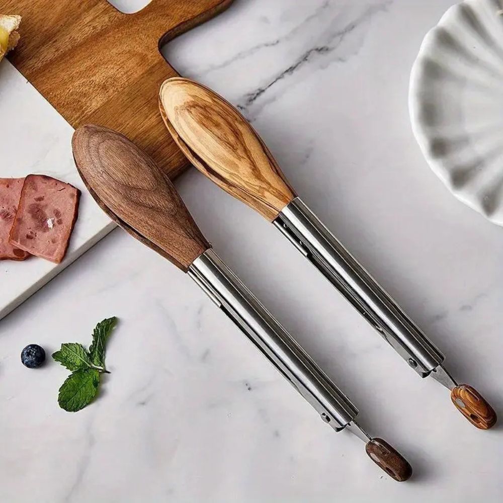 Hom & Ember – Elegant Wooden and Steel Tongs Set for a Refined Culinary Experience - Hom & Ember