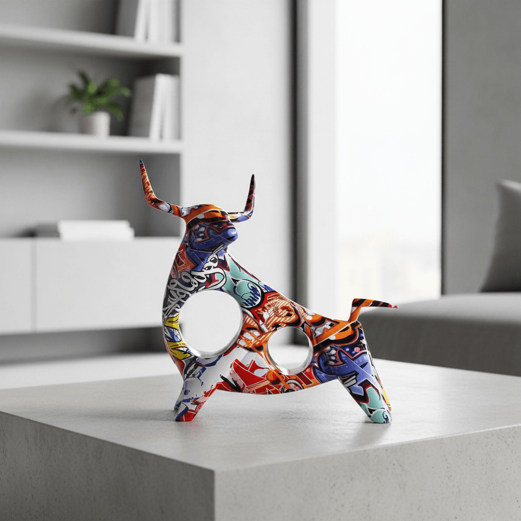 Hom & Ember – Exquisite Nordic Bull Resin Sculpture in Elegant Grafitti Design for a Timeless Charm - Hom & Ember