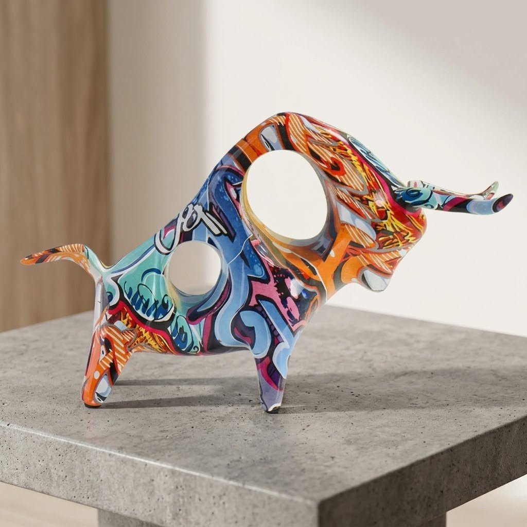 Hom & Ember – Exquisite Nordic Bull Resin Sculpture in Elegant Grafitti Design for a Timeless Charm - Hom & Ember