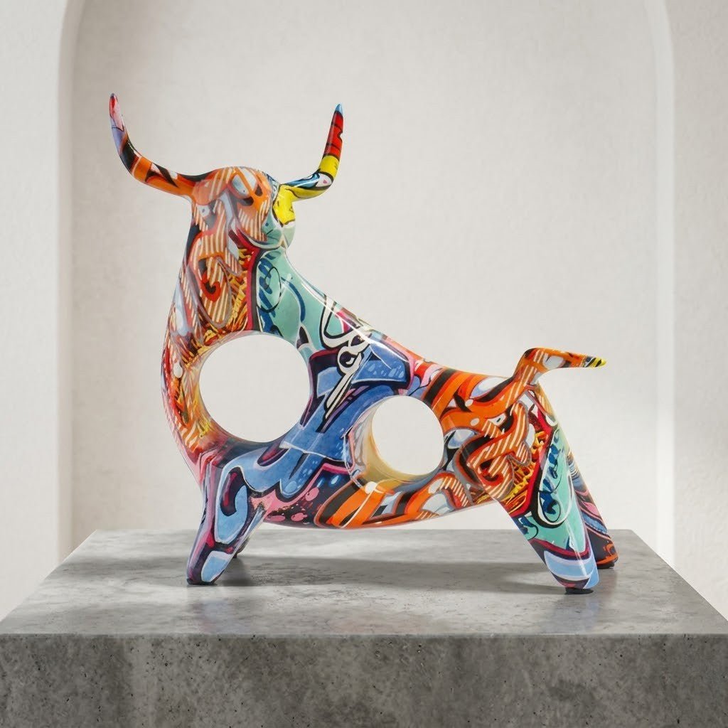Hom & Ember – Exquisite Nordic Bull Resin Sculpture in Elegant Grafitti Design for a Timeless Charm - Hom & Ember