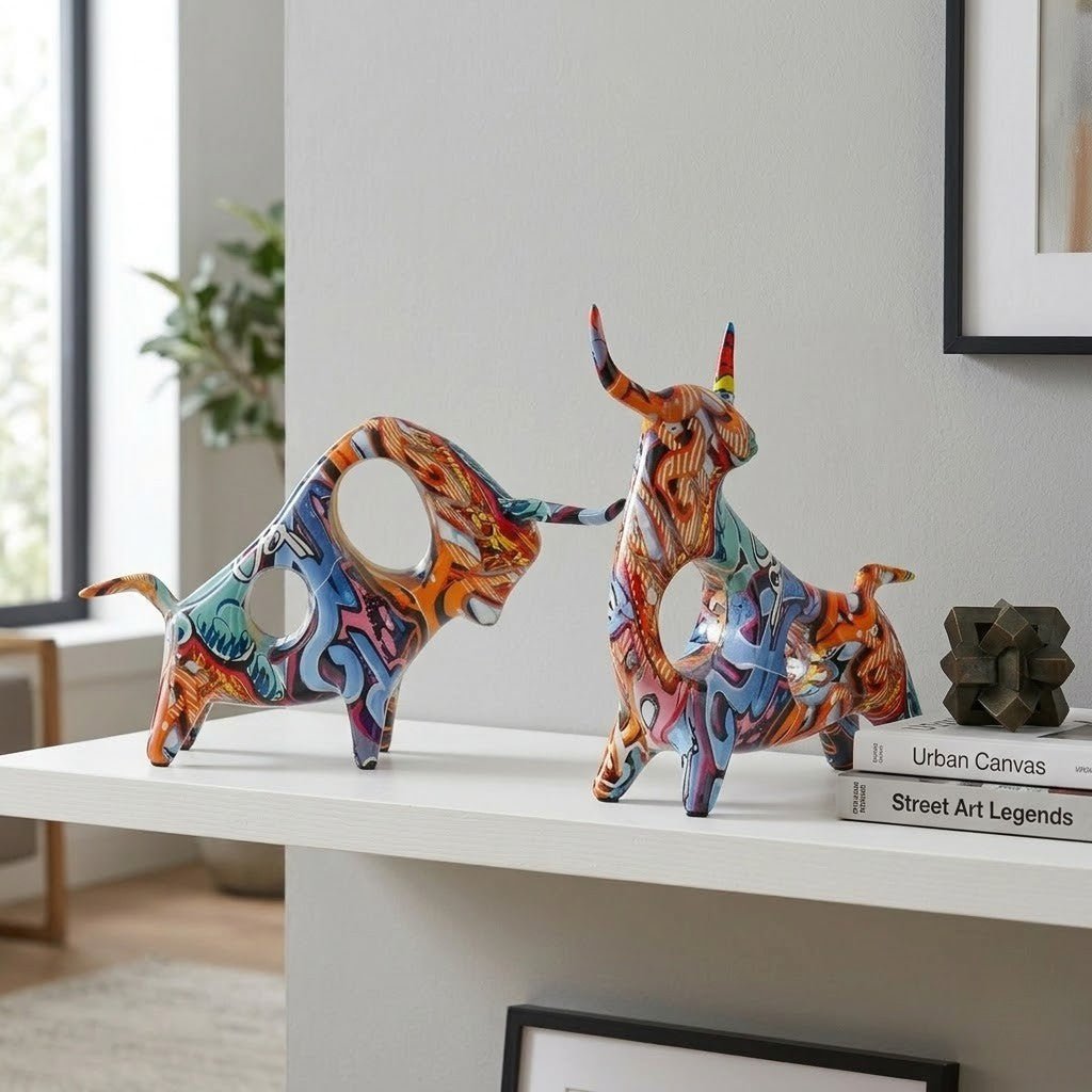 Hom & Ember – Exquisite Nordic Bull Resin Sculpture in Elegant Grafitti Design for a Timeless Charm - Hom & Ember