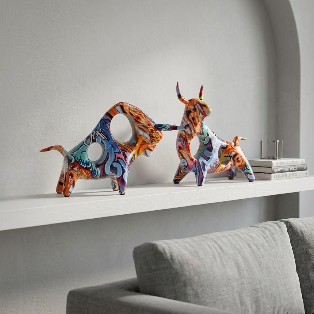 Hom & Ember – Exquisite Nordic Bull Resin Sculpture in Elegant Grafitti Design for a Timeless Charm - Hom & Ember