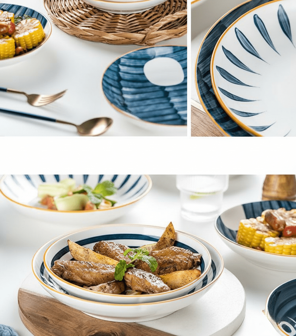 Hom & Ember – Intricate Patterned Ceramic Plate Set in Navy for a Stylish Dining Experience - Hom & Ember