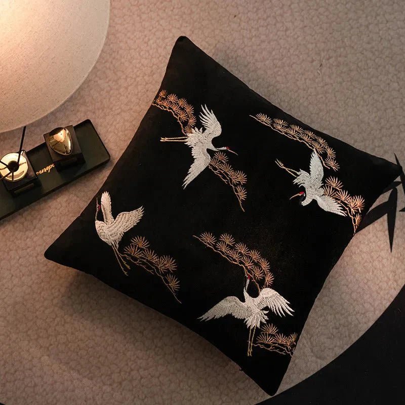 Hom & Ember – Luxurious Crane and Pine Embroidered Cushion Cover for a Serene Ambiance - Hom & Ember