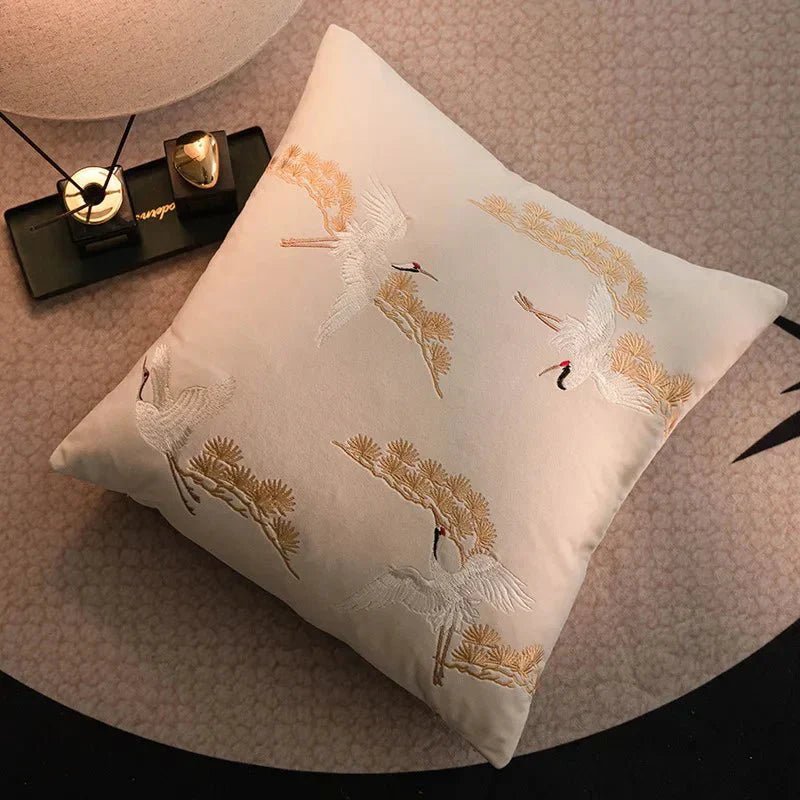 Hom & Ember – Luxurious Crane and Pine Embroidered Cushion Cover for a Serene Ambiance - Hom & Ember