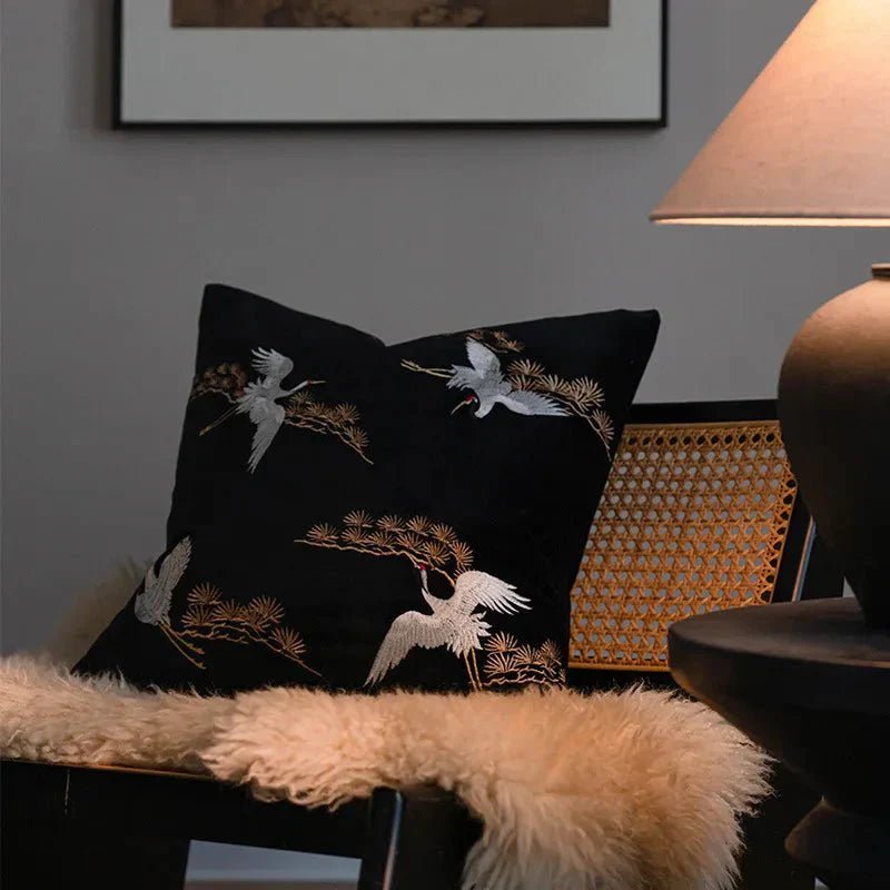 Hom & Ember – Luxurious Crane and Pine Embroidered Cushion Cover for a Serene Ambiance - Hom & Ember