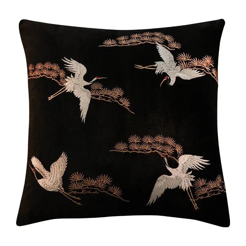 Hom & Ember – Luxurious Crane and Pine Embroidered Cushion Cover for a Serene Ambiance - Hom & Ember
