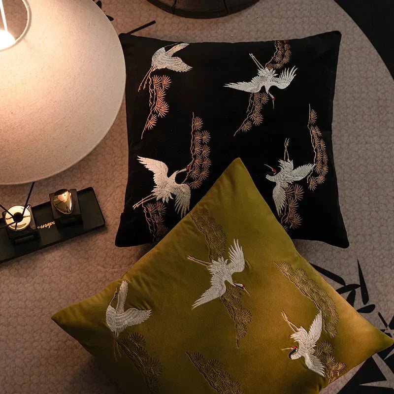 Hom & Ember – Luxurious Crane and Pine Embroidered Cushion Cover for a Serene Ambiance - Hom & Ember