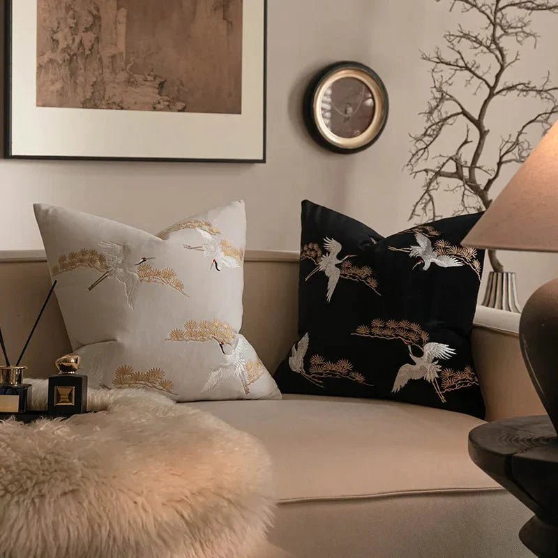 Hom & Ember – Luxurious Crane and Pine Embroidered Cushion Cover for a Serene Ambiance - Hom & Ember