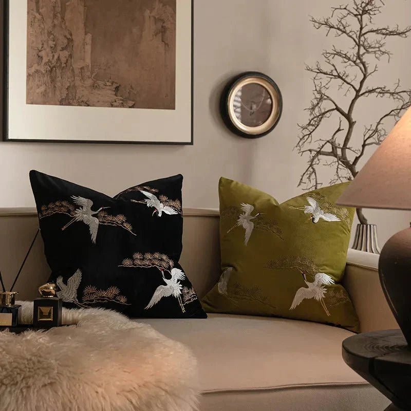 Hom & Ember – Luxurious Crane and Pine Embroidered Cushion Cover for a Serene Ambiance - Hom & Ember