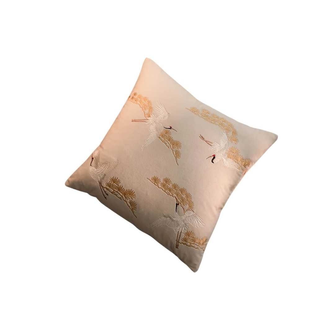 Hom & Ember – Luxurious Crane and Pine Embroidered Cushion Cover for a Serene Ambiance - Hom & Ember