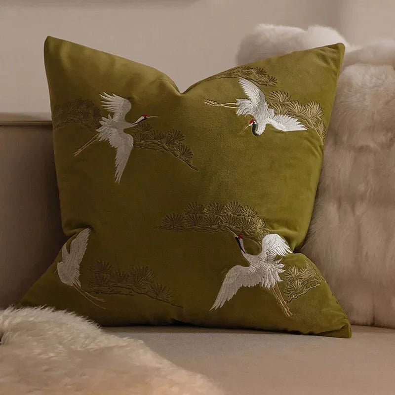 Hom & Ember – Luxurious Crane and Pine Embroidered Cushion Cover for a Serene Ambiance - Hom & Ember