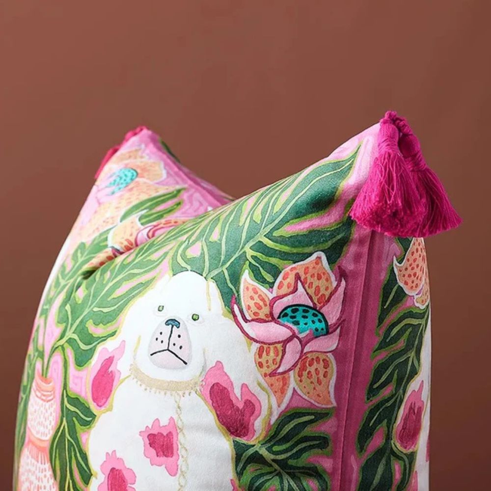 Hom & Ember – Luxurious Pink Dog Cushion Cover with Playful Pom Poms for a Cozy Retreat - Hom & Ember