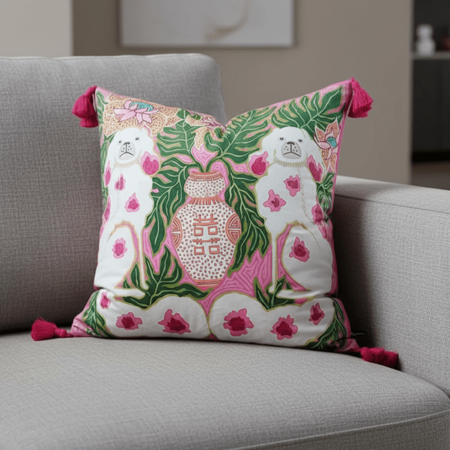 Hom & Ember – Luxurious Pink Dog Cushion Cover with Playful Pom Poms for a Cozy Retreat - Hom & Ember
