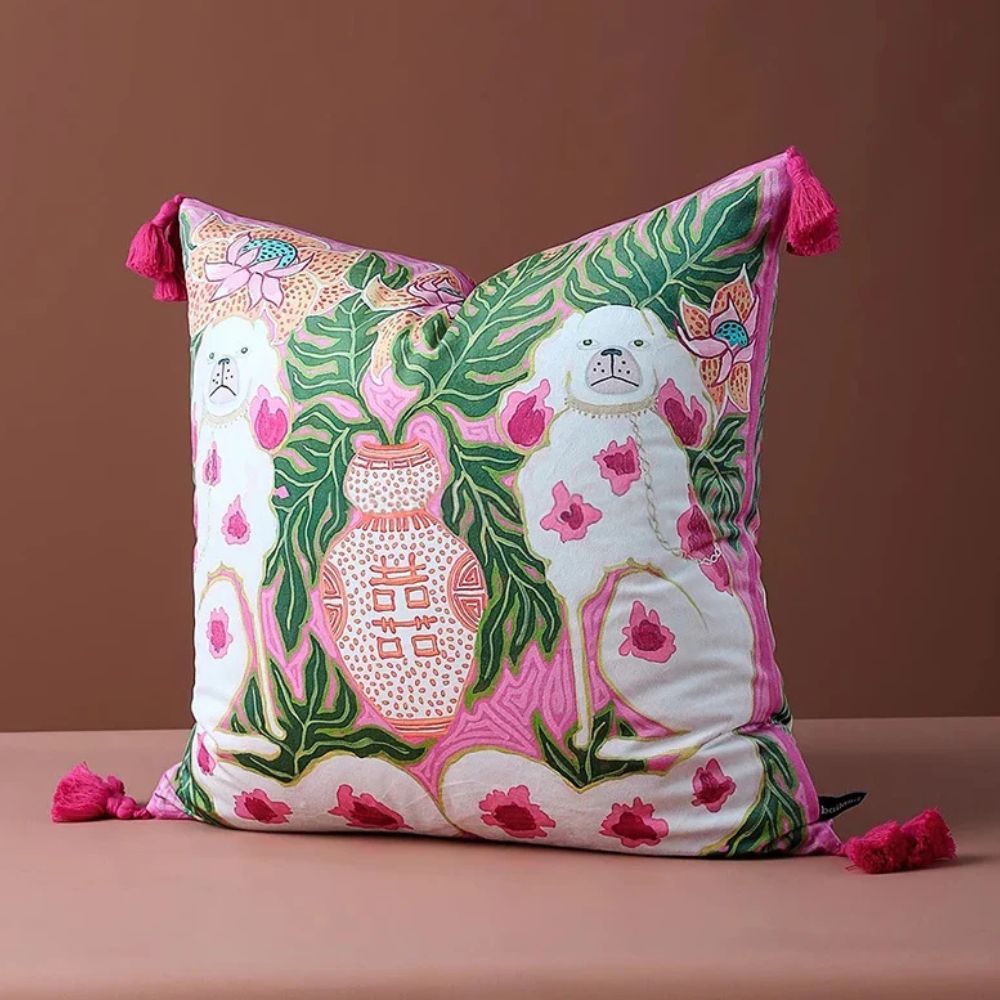 Hom & Ember – Luxurious Pink Dog Cushion Cover with Playful Pom Poms for a Cozy Retreat - Hom & Ember