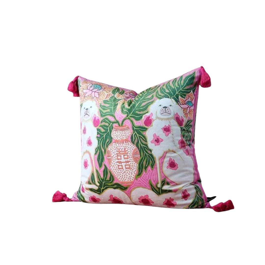 Hom & Ember – Luxurious Pink Dog Cushion Cover with Playful Pom Poms for a Cozy Retreat - Hom & Ember