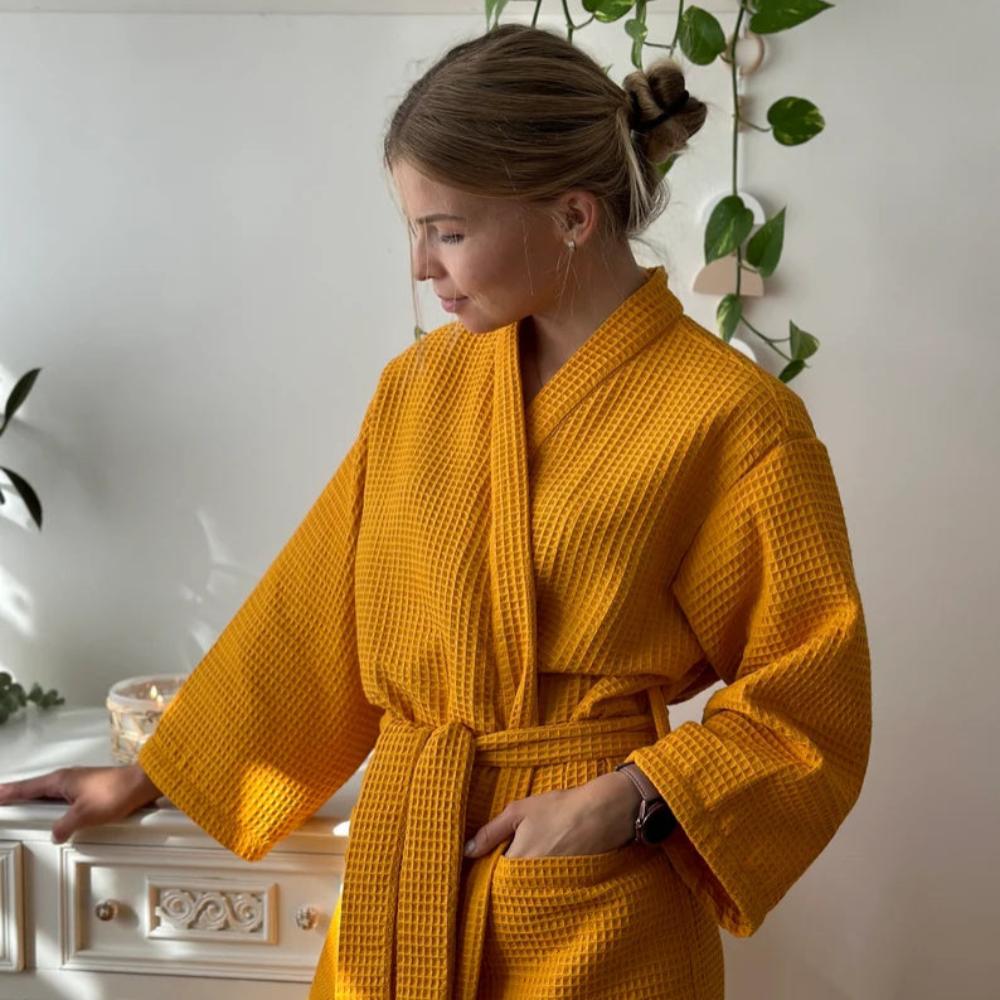 Hom & Ember – Luxurious Waffle Cotton Bathrobe in Elegant V - Neck Design for a Sophisticated Look - Hom & Ember