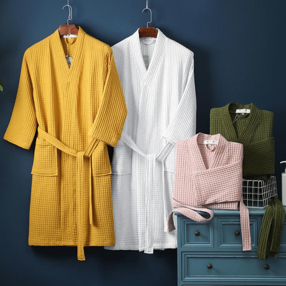 Hom & Ember – Luxurious Waffle Cotton Bathrobe in Elegant V - Neck Design for a Sophisticated Look - Hom & Ember