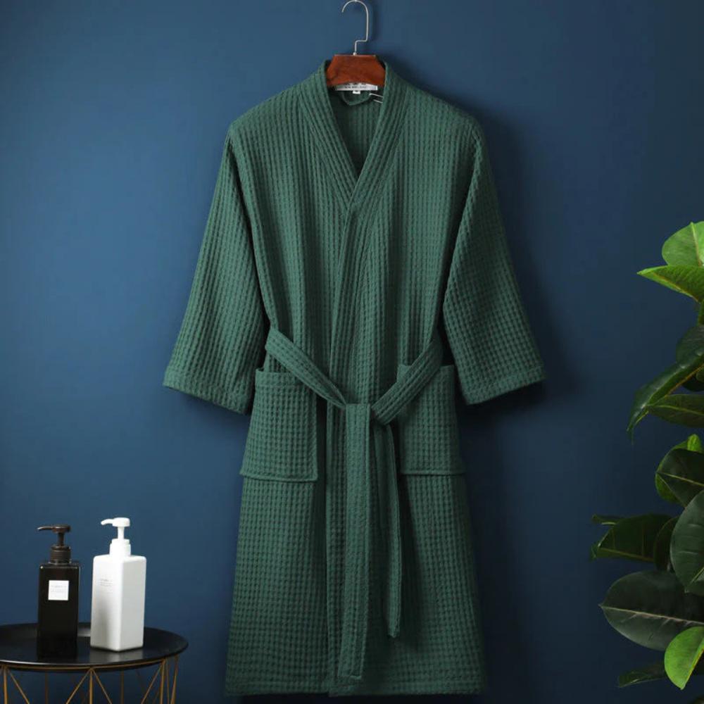 Hom & Ember – Luxurious Waffle Cotton Bathrobe in Elegant V - Neck Design for a Sophisticated Look - Hom & Ember