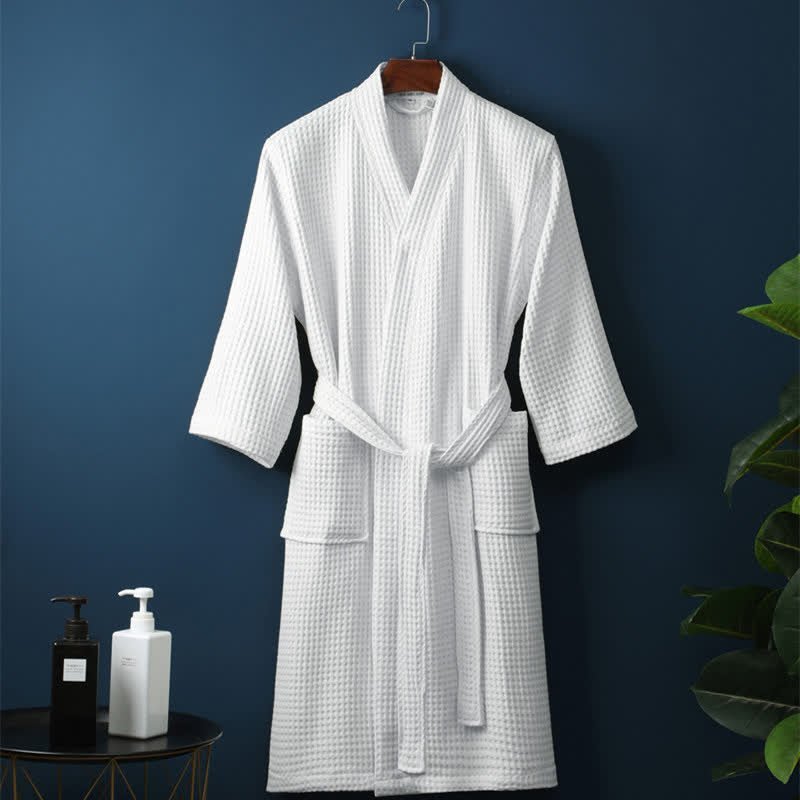Hom & Ember – Luxurious Waffle Cotton Bathrobe in Elegant V - Neck Design for a Sophisticated Look - Hom & Ember
