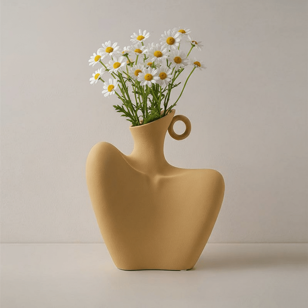 Hom & Ember – Minimalist Small Ceramic Flower Vase in Beige Statue Design for a Chic Interior - Hom & Ember